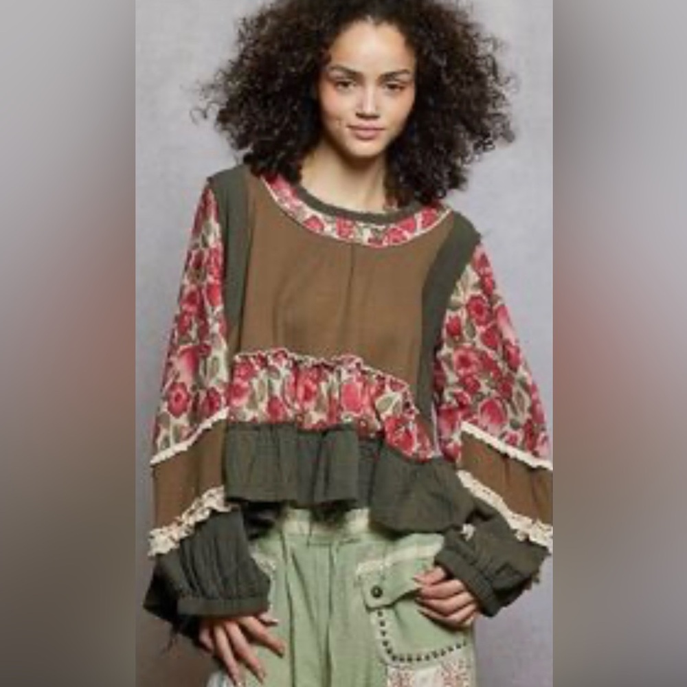 NWOT Pol Los Angeles Boho Patchwork Ruffle Top | Romantic Cottagecore